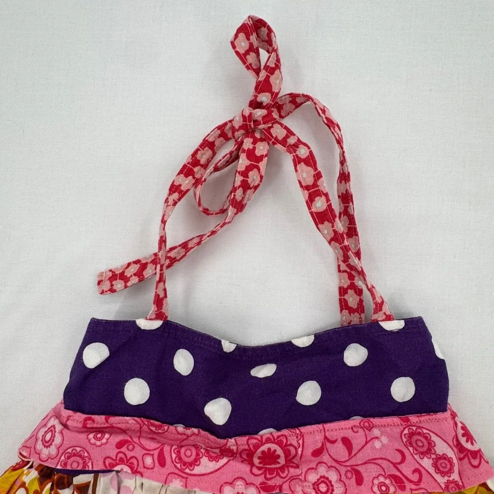 Handmade Vtg 2000s Girls Boho Floral Polka Dot Halter Dress Ruffle Trim 2T/24M